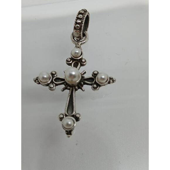 Vintage Sterling Silver Cross Pendant Necklace Enhancer Faux Pearl Designer - Picture 8 of 9